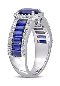 Lab Created 4 3/4 CT TGW Blue Sapphire and White Vintage Halo Ring Sterling Silver