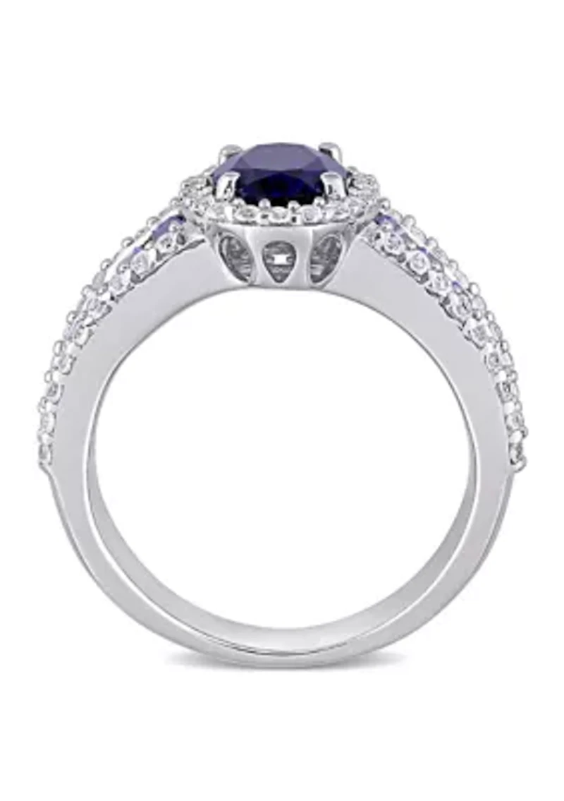 Lab Created 4 3/4 CT TGW Blue Sapphire and White Vintage Halo Ring Sterling Silver