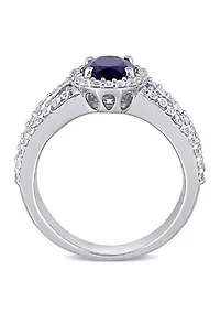 Lab Created 4 3/4 CT TGW Blue Sapphire and White Vintage Halo Ring Sterling Silver