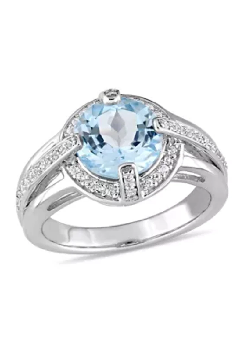 3 3/4 CT TGW Sky Blue and White Topaz Halo Split Shank Ring Sterling Silver