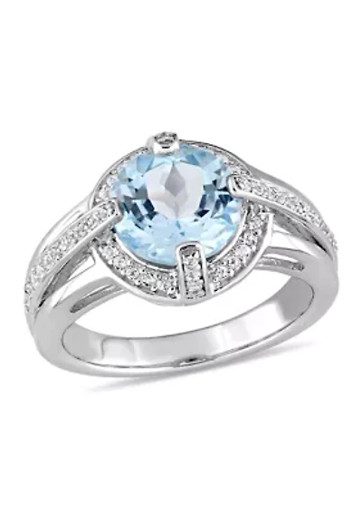 3 3/4 CT TGW Sky Blue and White Topaz Halo Split Shank Ring Sterling Silver