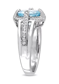 3 3/4 CT TGW Sky Blue and White Topaz Halo Split Shank Ring Sterling Silver