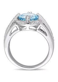 3 3/4 CT TGW Sky Blue and White Topaz Halo Split Shank Ring Sterling Silver