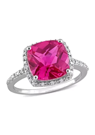 Lab Created 1/10 CT TW Diamond and 5 3/4 TGW Cushion Cut Pink Sapphire Halo Ring Sterling Silver