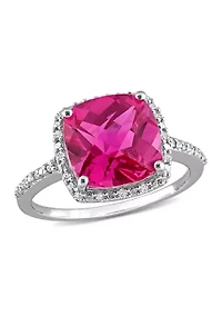 Lab Created 1/10 CT TW Diamond and 5 3/4 TGW Cushion Cut Pink Sapphire Halo Ring Sterling Silver