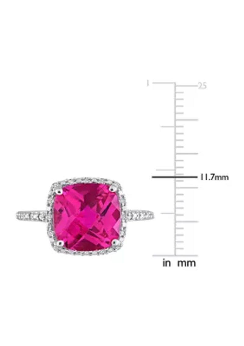 Lab Created 1/10 CT TW Diamond and 5 3/4 TGW Cushion Cut Pink Sapphire Halo Ring Sterling Silver