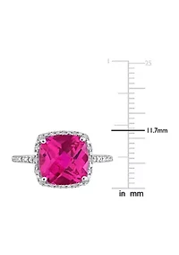 Lab Created 1/10 CT TW Diamond and 5 3/4 TGW Cushion Cut Pink Sapphire Halo Ring Sterling Silver