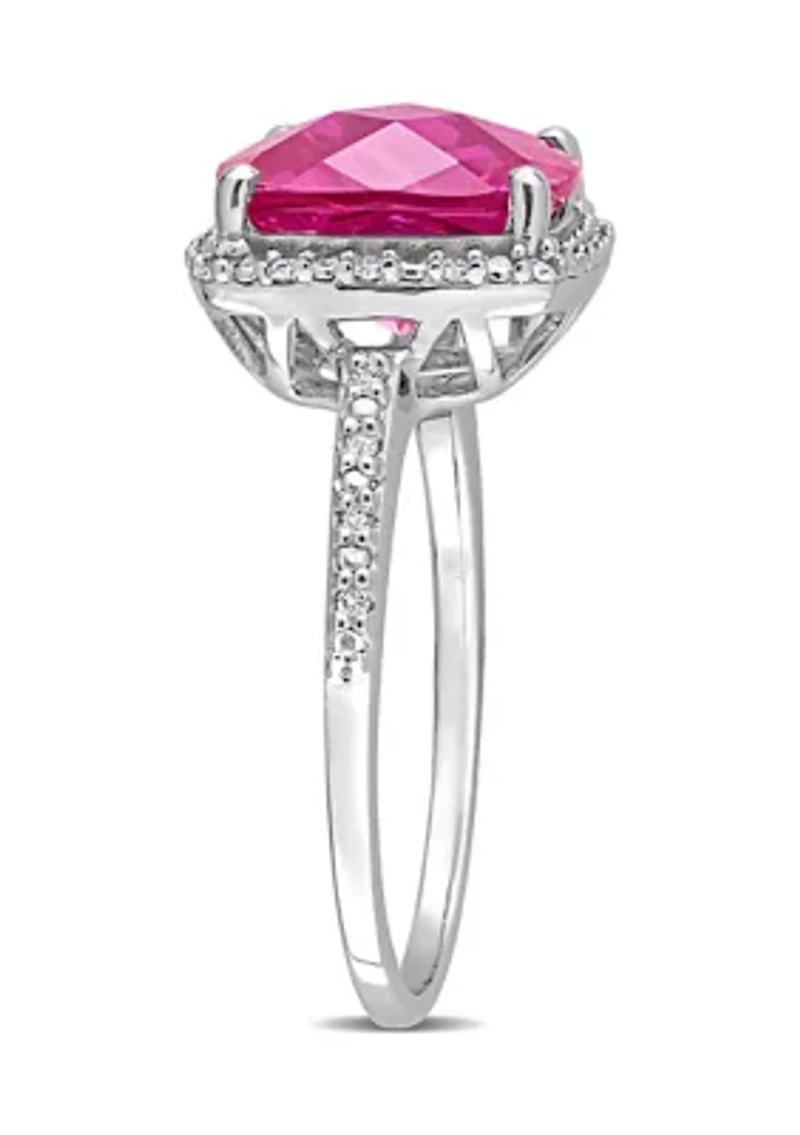 Lab Created 1/10 CT TW Diamond and 5 3/4 TGW Cushion Cut Pink Sapphire Halo Ring Sterling Silver