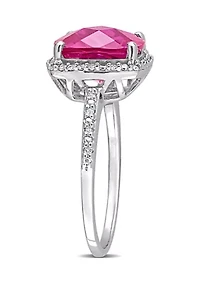 Lab Created 1/10 CT TW Diamond and 5 3/4 TGW Cushion Cut Pink Sapphire Halo Ring Sterling Silver