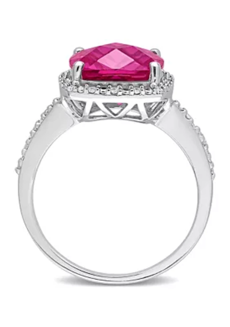 Lab Created 1/10 CT TW Diamond and 5 3/4 TGW Cushion Cut Pink Sapphire Halo Ring Sterling Silver