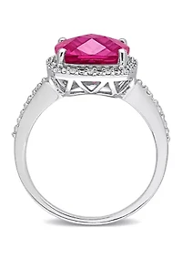 Lab Created 1/10 CT TW Diamond and 5 3/4 TGW Cushion Cut Pink Sapphire Halo Ring Sterling Silver