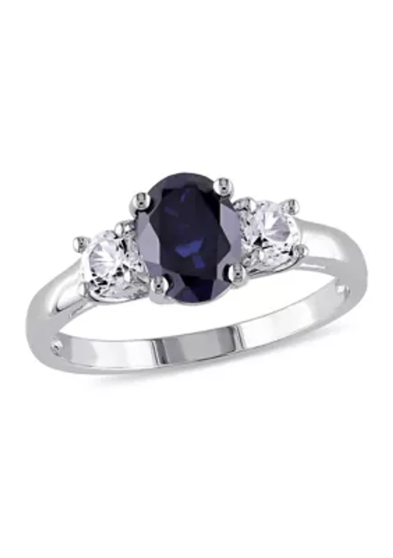 Lab Created Oval Cut Blue and White Sapphire 3-Stone Ring Sterling Silver