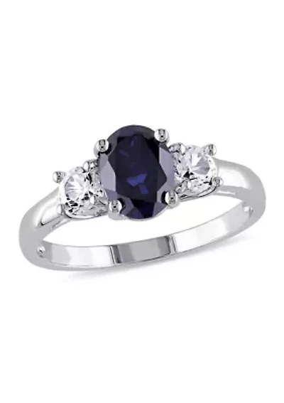 Lab Created Oval Cut Blue and White Sapphire 3-Stone Ring Sterling Silver