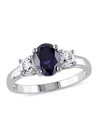 Lab Created Oval Cut Blue and White Sapphire 3-Stone Ring Sterling Silver