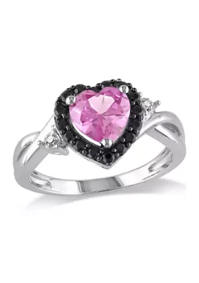 Lab Created Pink Sapphire, Black Spinel and Diamond Heart Ring Sterling Silver