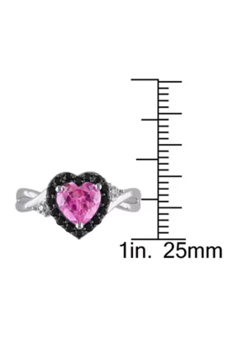 Lab Created Pink Sapphire, Black Spinel and Diamond Heart Ring Sterling Silver