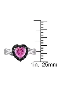 Lab Created Pink Sapphire, Black Spinel and Diamond Heart Ring Sterling Silver