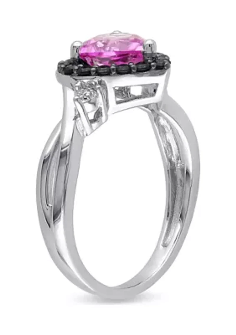 Lab Created Pink Sapphire, Black Spinel and Diamond Heart Ring Sterling Silver