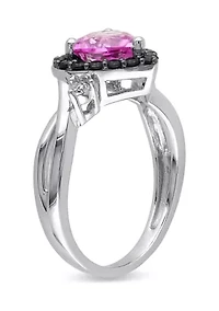 Lab Created Pink Sapphire, Black Spinel and Diamond Heart Ring Sterling Silver