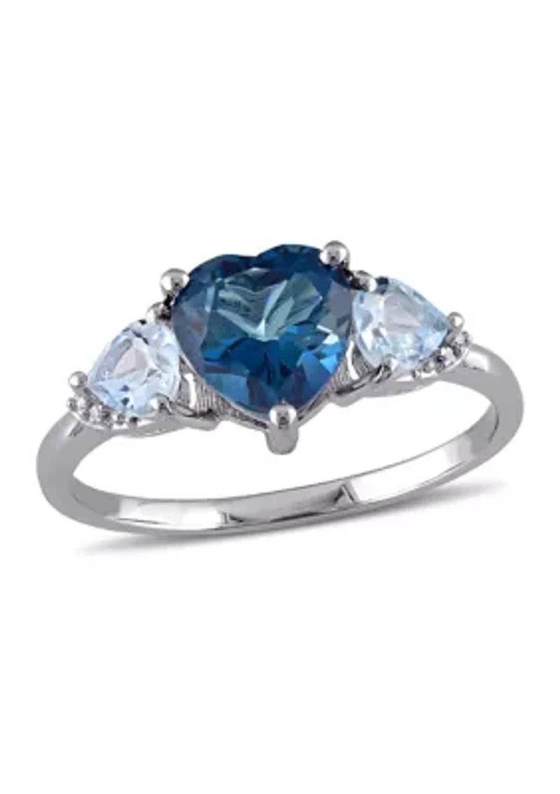 London Blue and Sky Topaz with Diamond Accent Triple Heart Ring Sterling Silver