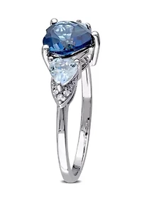 London Blue and Sky Topaz with Diamond Accent Triple Heart Ring Sterling Silver