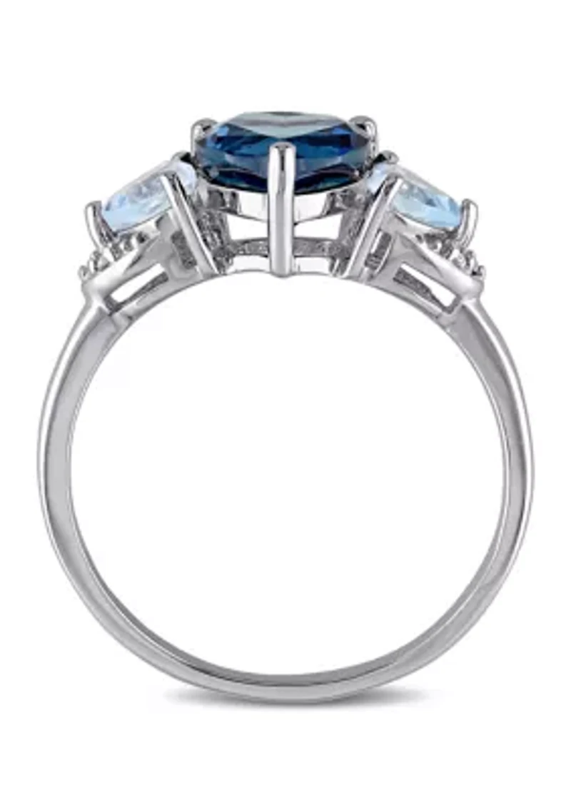 London Blue and Sky Topaz with Diamond Accent Triple Heart Ring Sterling Silver