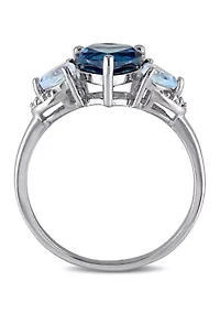 London Blue and Sky Topaz with Diamond Accent Triple Heart Ring Sterling Silver