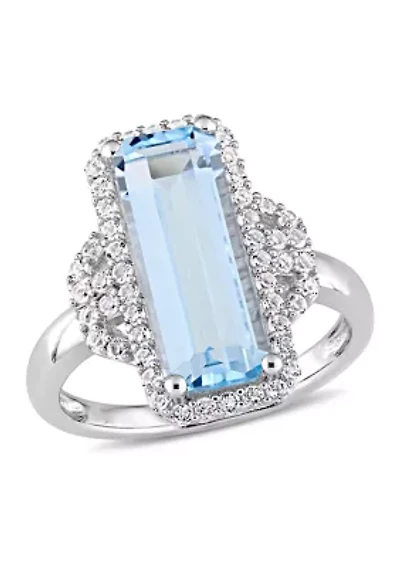 4 1/4 CT TGW Octagon Cut Sky Blue Topaz and White Halo Ring Sterling Silver