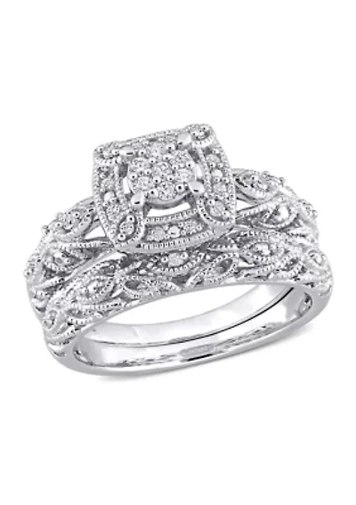 1/5 CT TW Diamond Vintage Bridal Set Sterling Silver