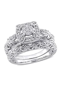 1/5 CT TW Diamond Vintage Bridal Set Sterling Silver