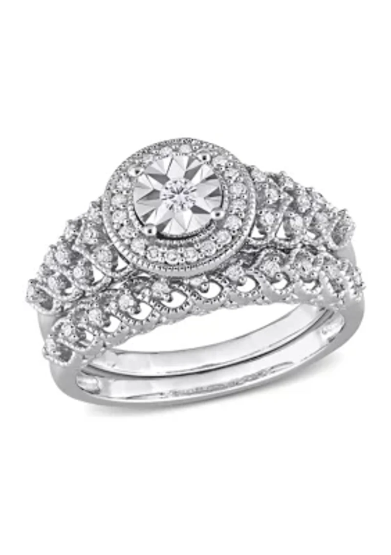 1/3 CT TW Diamond Halo Bridal Ring Set Sterling Silver