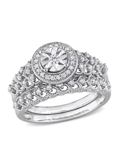1/3 CT TW Diamond Halo Bridal Ring Set Sterling Silver