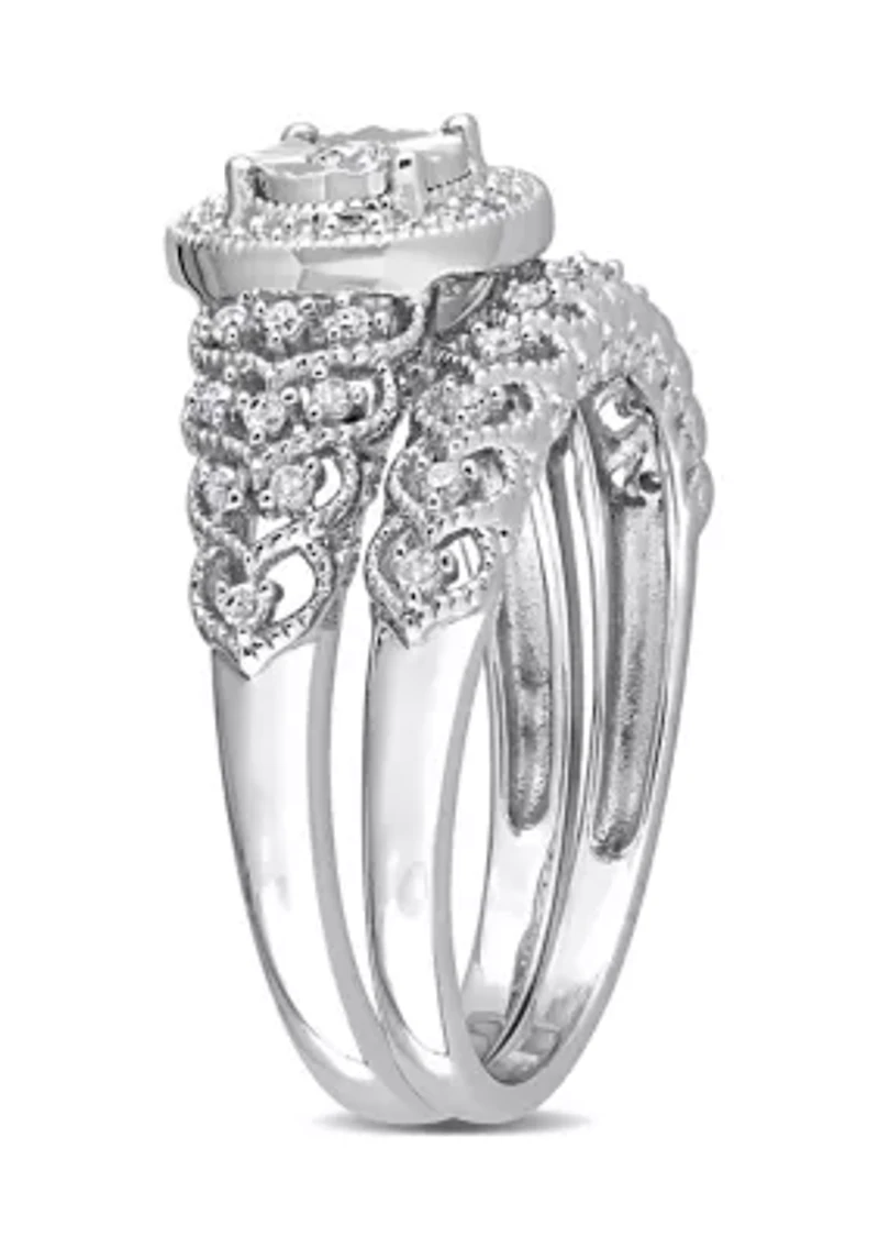 1/3 CT TW Diamond Halo Bridal Ring Set Sterling Silver