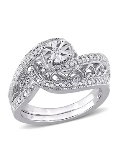 1/5 CT TW Diamond Vintage Bridal Set Sterling Silver