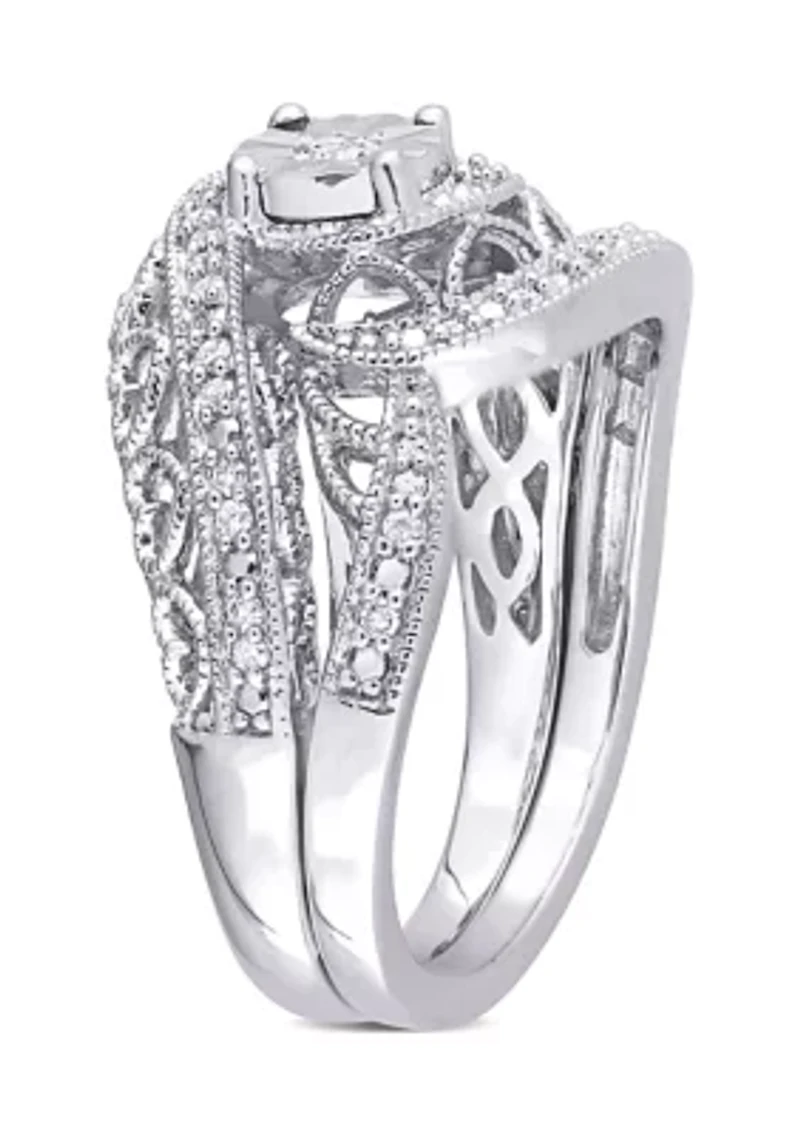 1/5 CT TW Diamond Vintage Bridal Set Sterling Silver