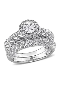 1/4 CT TW Diamond Octagon Halo Bridal Ring Set Sterling Silver