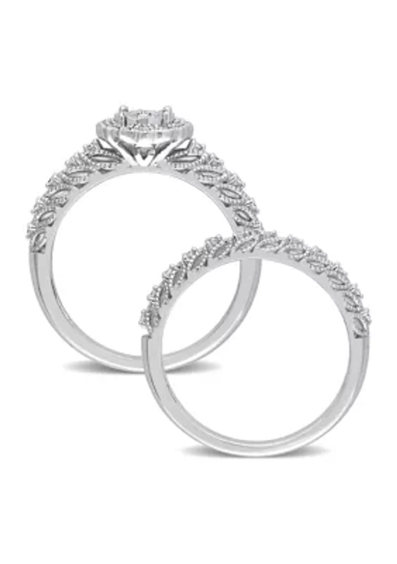 1/4 CT TW Diamond Octagon Halo Bridal Ring Set Sterling Silver