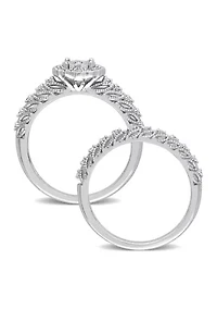 1/4 CT TW Diamond Octagon Halo Bridal Ring Set Sterling Silver