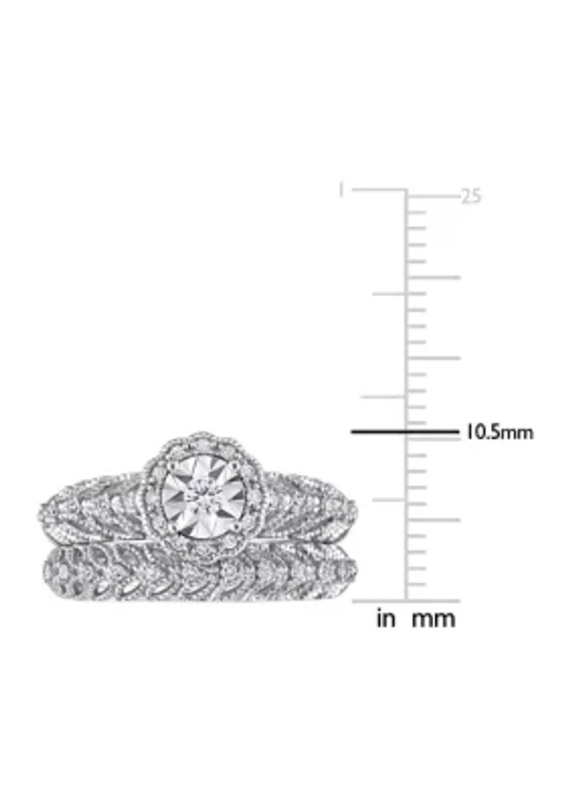1/4 CT TW Diamond Octagon Halo Bridal Ring Set Sterling Silver
