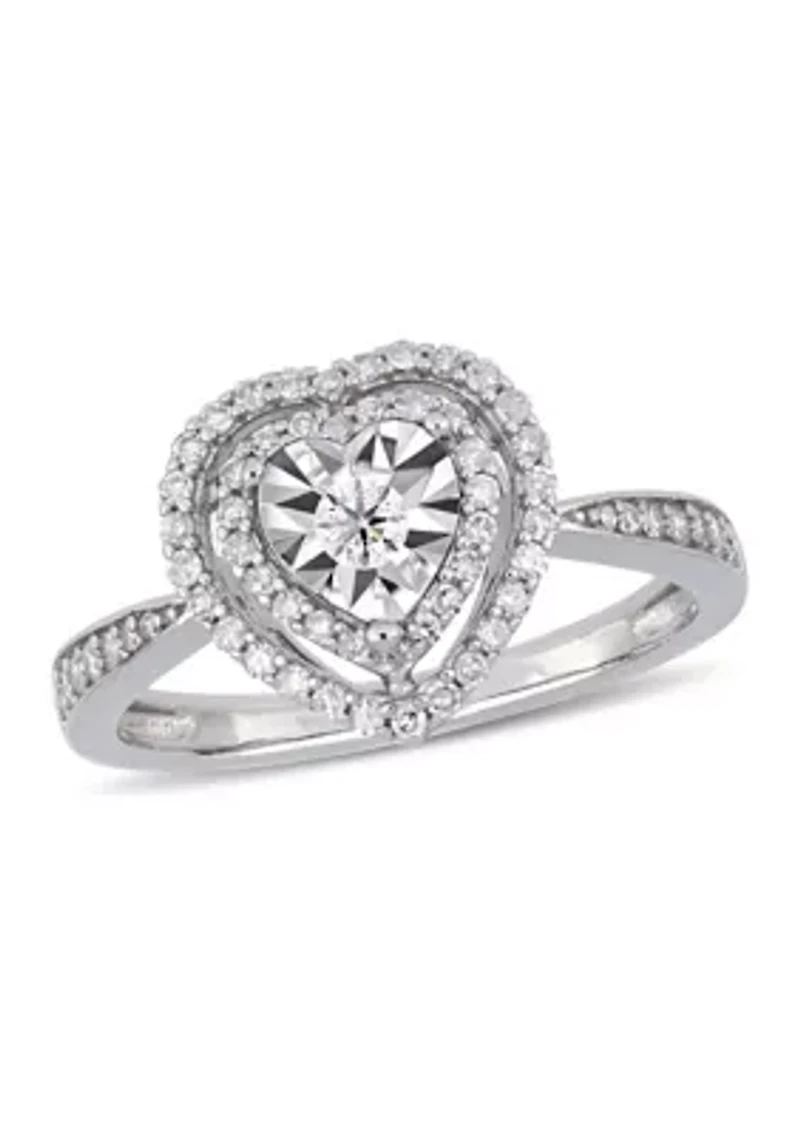 3/8 CT TW Diamond Halo Heart Engagement Ring Sterling Silver