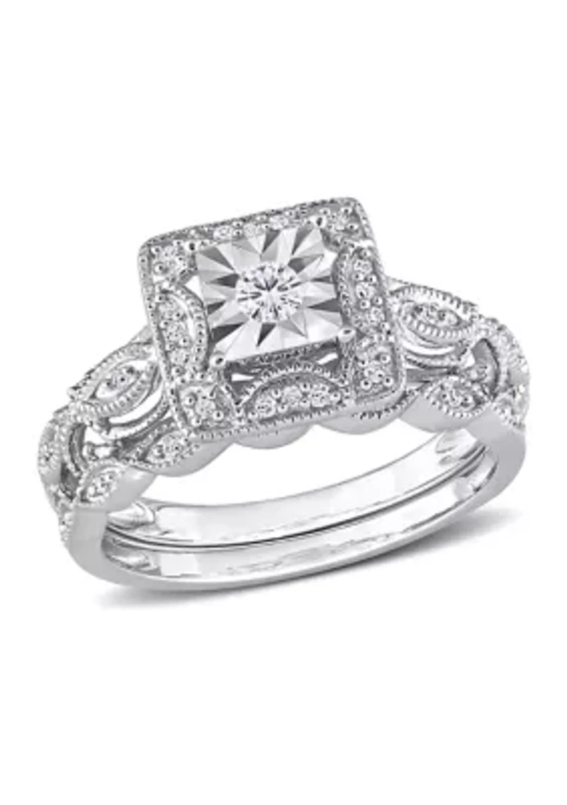 1/5 CT TW Diamond Square Halo Bridal Ring Set Sterling Silver