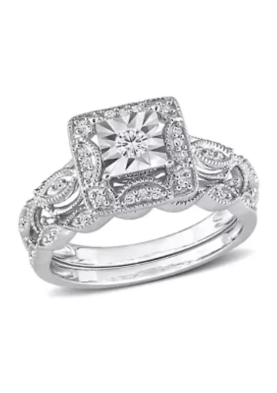 1/5 CT TW Diamond Square Halo Bridal Ring Set Sterling Silver
