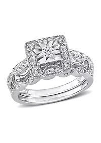 1/5 CT TW Diamond Square Halo Bridal Ring Set Sterling Silver