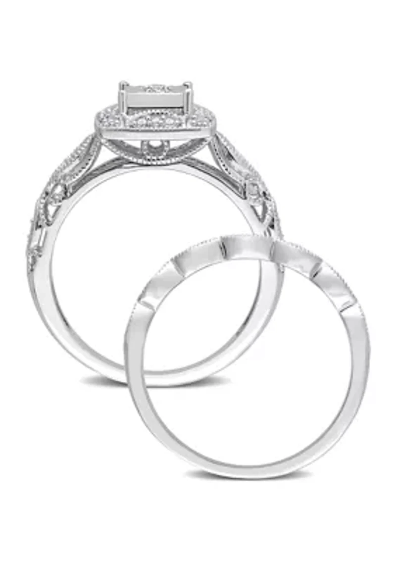 1/5 CT TW Diamond Square Halo Bridal Ring Set Sterling Silver