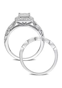1/5 CT TW Diamond Square Halo Bridal Ring Set Sterling Silver