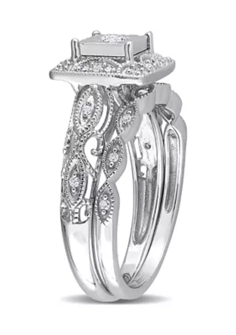 1/5 CT TW Diamond Square Halo Bridal Ring Set Sterling Silver