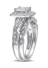 1/5 CT TW Diamond Square Halo Bridal Ring Set Sterling Silver