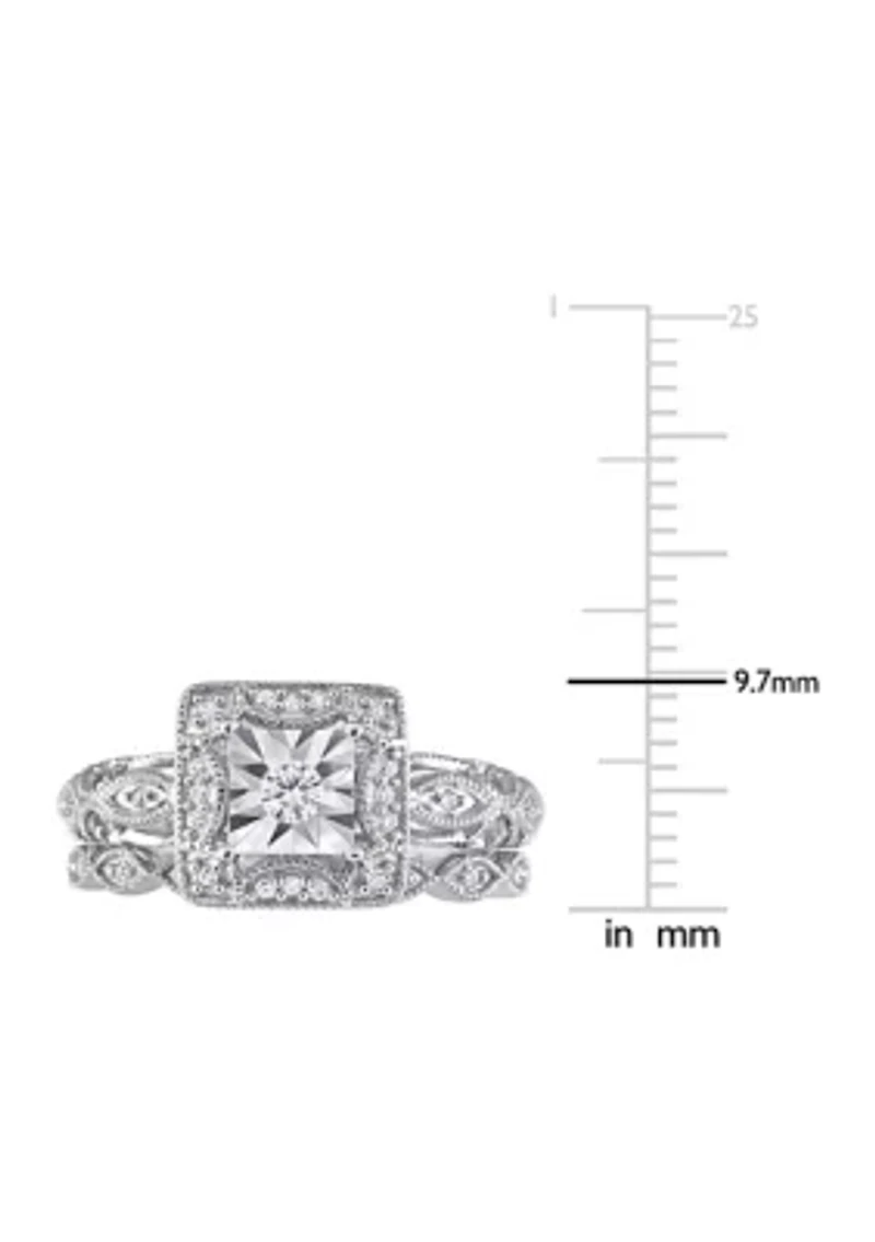 1/5 CT TW Diamond Square Halo Bridal Ring Set Sterling Silver
