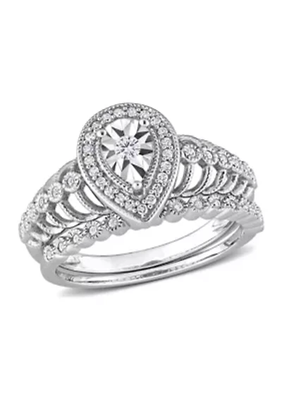 1/3 CT TW Teardrop Diamond Halo Bridal Ring Set Sterling Silver