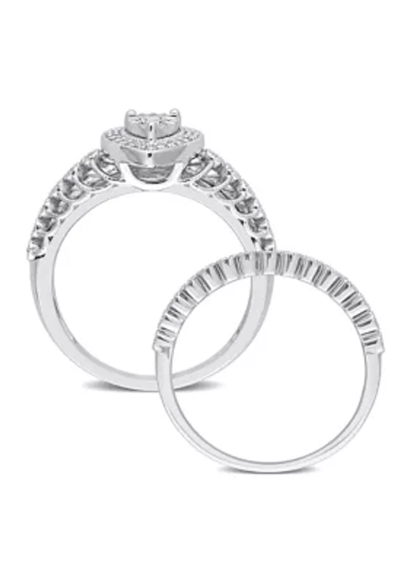 1/3 CT TW Teardrop Diamond Halo Bridal Ring Set Sterling Silver